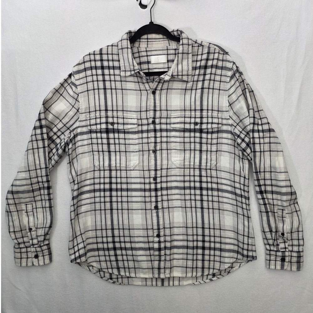 7 For All Mankind Plaid Button Down Shirt L Ivory Black Cotton Flannel Preppy